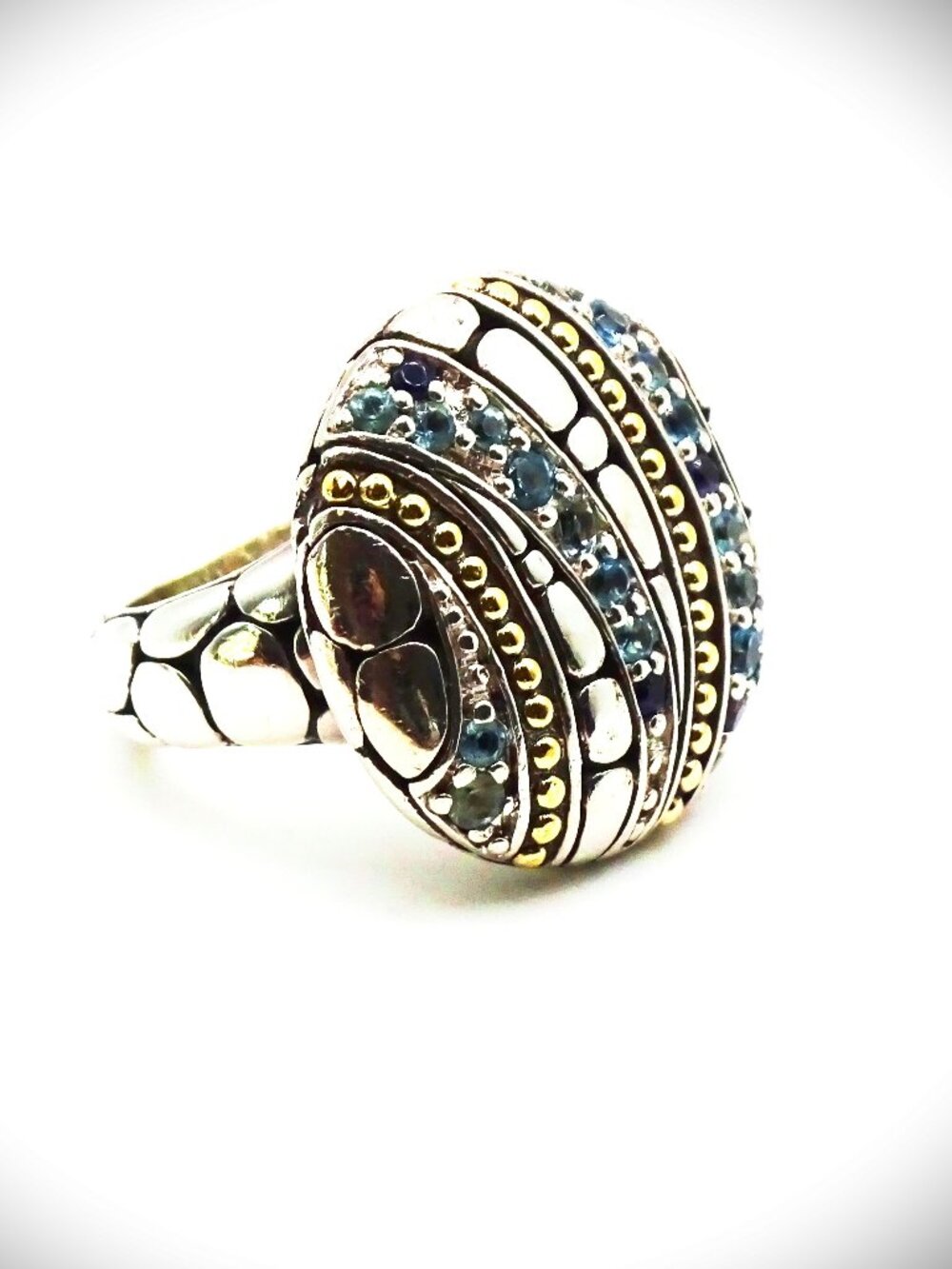 JOHN HARDY Kali Sterling Silver Topaz Aquamarine Iolite Cocktail Ring Size 7